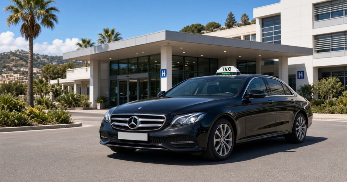 Taxi conventionné CPAM devant un établissement de santé – transport médical assis